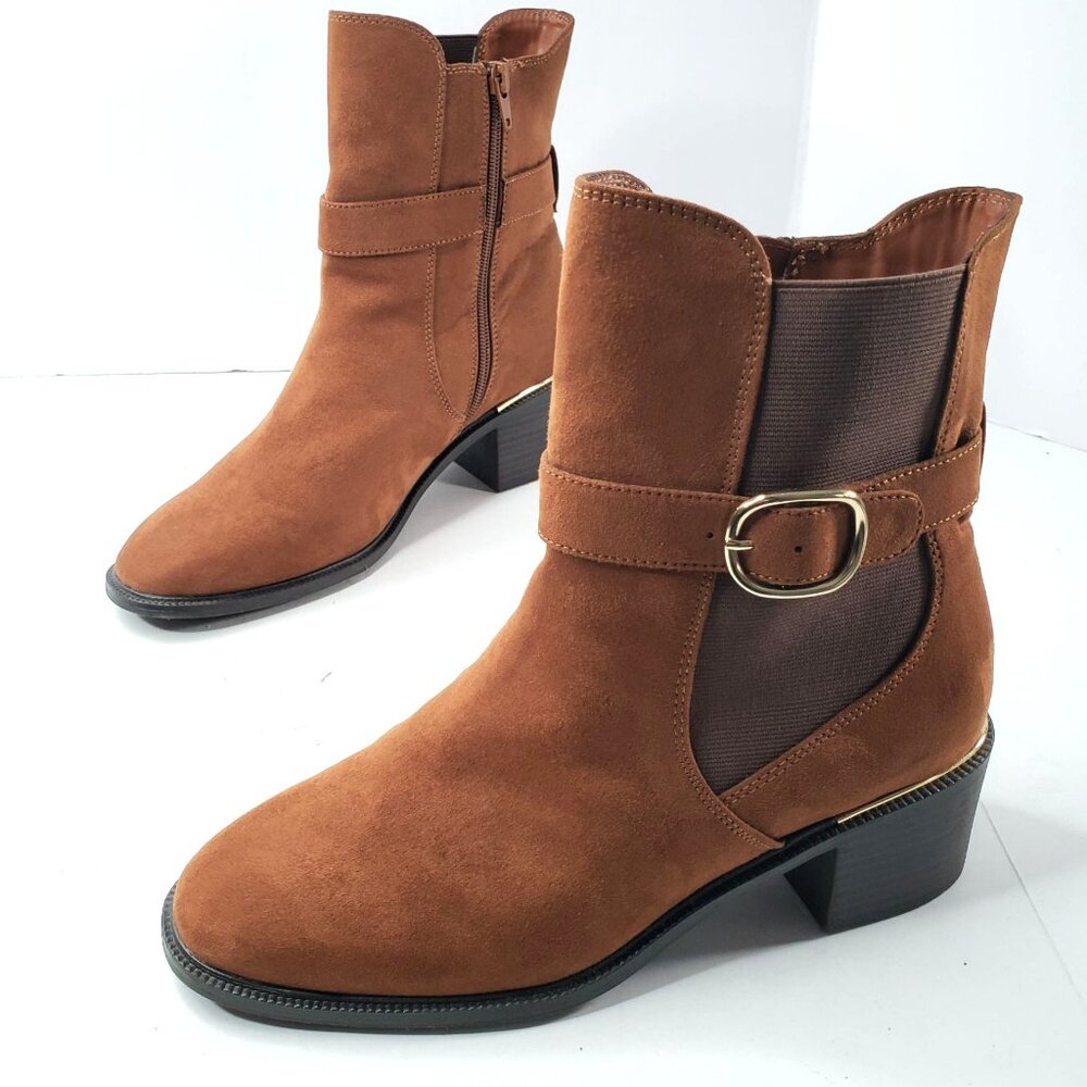 🛍️Liz Claiborne Western Ankle Boot Sz 9 Wide Fit Brown Buckle Low Heel Moto
